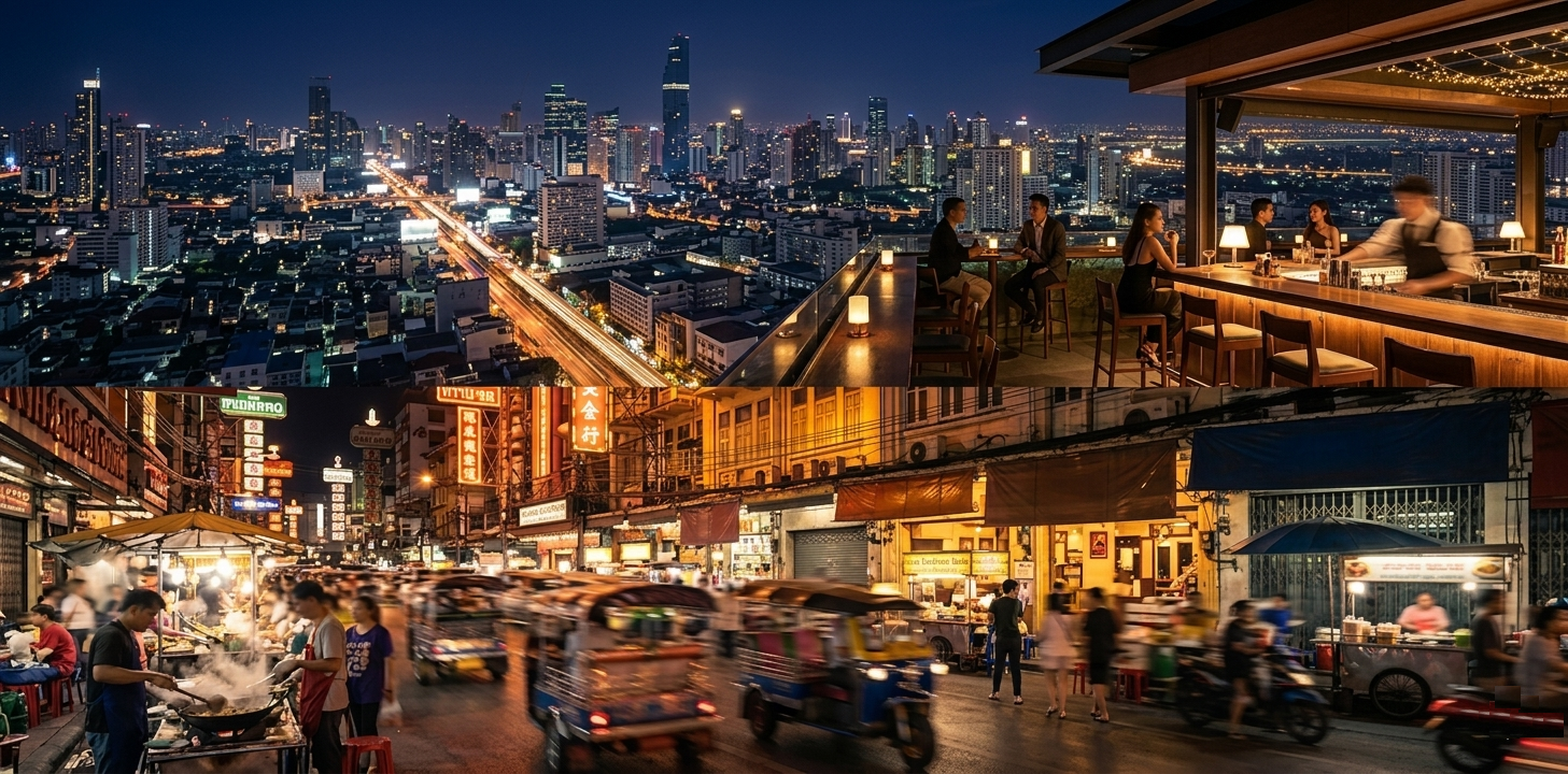 Bangkok nightlife city view with street activity and rooftop atmosphere at night