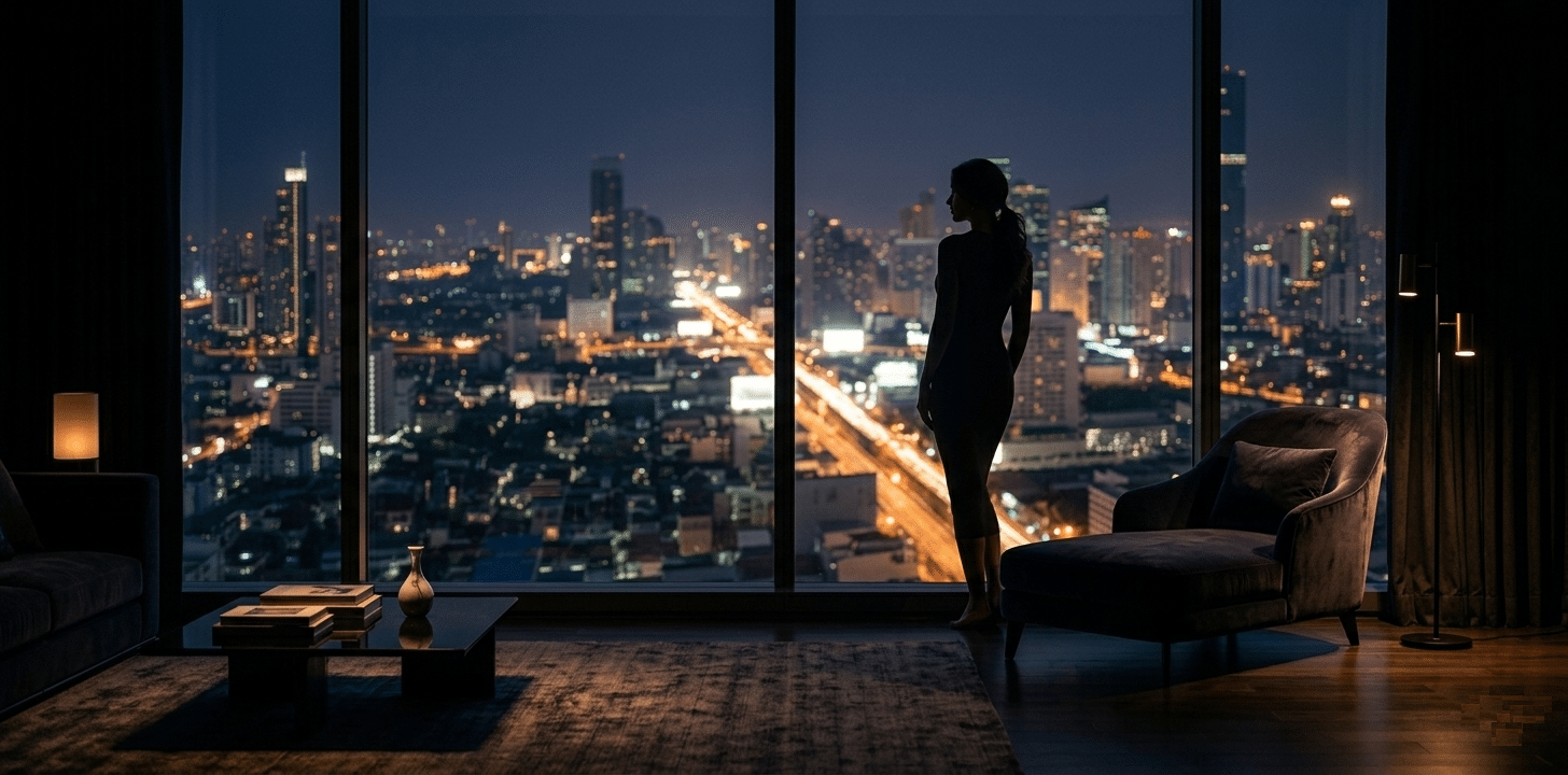 Elegant silhouette of a woman with Bangkok skyline at night representing a private and discreet escort service experience