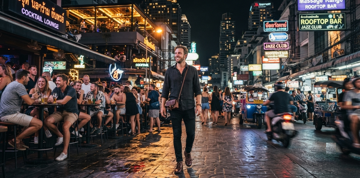 Bangkok entertainment districts at night with rooftop bars, nightlife venues and city lights in Sukhumvit